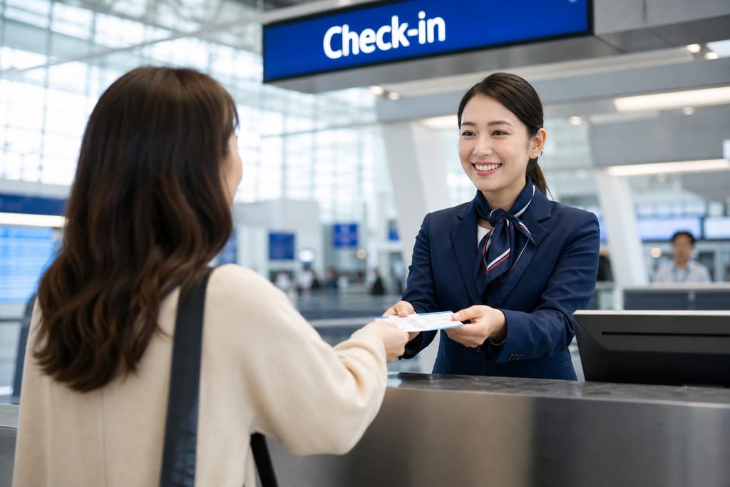 Havalimanı check-in bankosunda yolcuya biniş kartı veren üniformalı Skywings görevlisi
