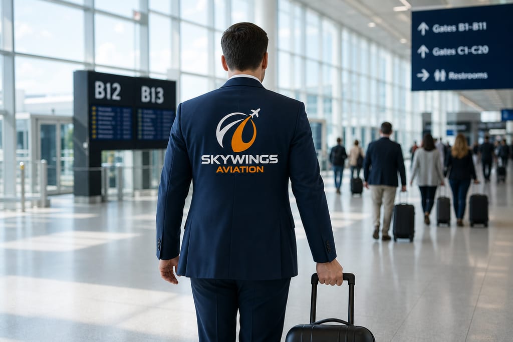 Havalimanı terminalinde biniş kapılarına doğru yürüyen, ceketinde Skywings Aviation logosu bulunan operasyon yöneticisi