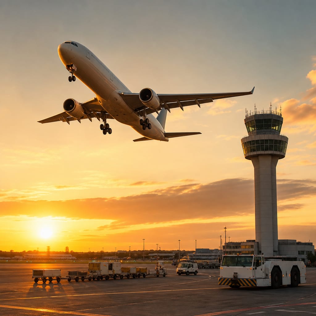 Gün batımında havalimanı apronundan kalkışa geçen yolcu uçağı, hava trafik kontrol kulesi ve apronda bekleyen yer hizmetleri araçları