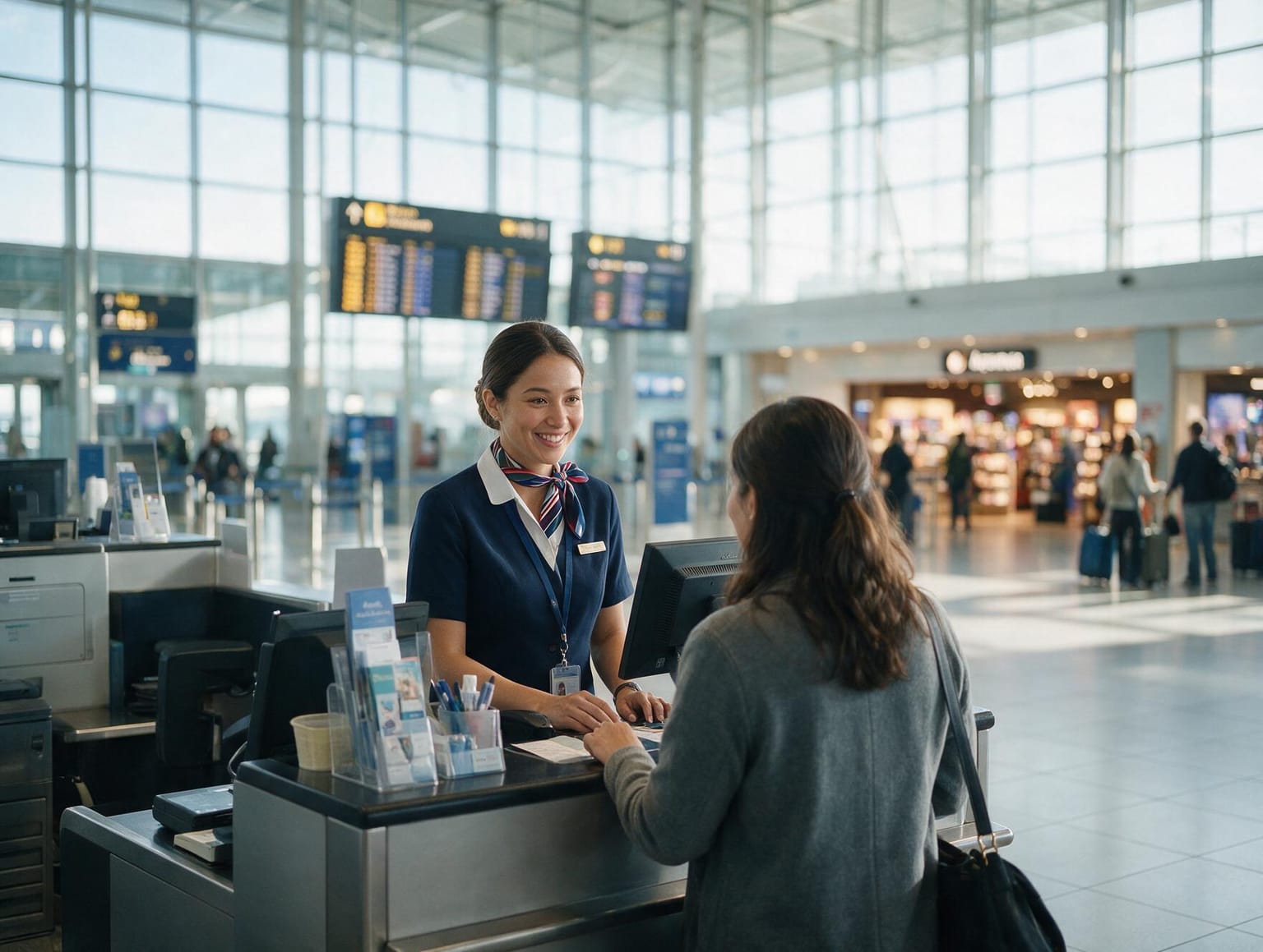 Havalimanı check-in bankosunda yolcuya işlem yapan üniformalı Skywings görevlisi