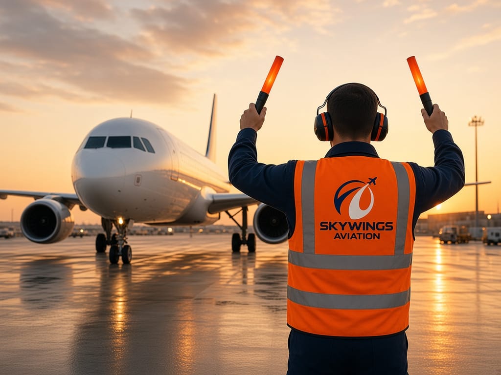 Gün batımında apronda, ışıklı işaret çubuklarıyla yolcu uçağını yönlendiren ve yeleğinde Skywings Aviation logosu bulunan apron işaretçisi