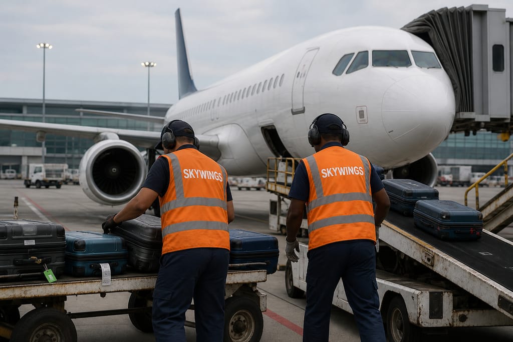 Apronda uçağa bagaj yükleyen, Skywings yazılı turuncu yelekli iki yer hizmetleri görevlisi